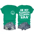 Vorder- und Rückseite des grünen T-Shirts mit In My Baseball Grandma Era-Grafik und Denim-Shorts - S / Oberteile / Dunkelgrün