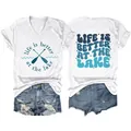 White V-neck T-shirt with 'Life is Better at the Lake' print, front and back views included - S / Tops / White