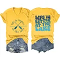 Women's yellow V-neck T-shirt and denim shorts set with lake life graphic print - S / Tops / Yellow