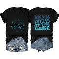 Detailed front and back view of black V-neck t-shirt with lake themed graphic print - Black