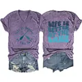 Front and back views of women's heather purple V-neck T-shirt with lake graphic - Purple