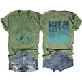 Women's green V-neck T-shirt with 'Life is Better at the Lake' print, front and back view. - Olive Green