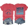 Casual red V-neck T-shirt for women featuring 'Life is Better at the Lake' lake house design. - Red