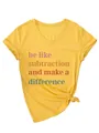 Close-up detail of yellow V-neck T-shirt with colorful subtraction slogan print - S / Tops / Yellow