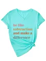 Detail view of a turquoise V-neck T-shirt with be like subtraction quote print. - S / Tops / Teal