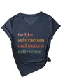 Close-up of navy V-neck T-shirt with 'be like subtraction' and colorful text print. - Navy Blue