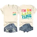 Casual beige V-neck women's T-shirt with 'I'M ON LAKE TIME' graphic print and denim shorts - S / Tops / Sand