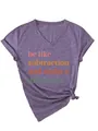 Detailed view of women's purple V-neck T-shirt with colorful inspirational slogan print - Purple
