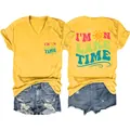 Front and back view of women's yellow V-neck T-shirt with I'M ON LAKE TIME print - S / Tops / Yellow