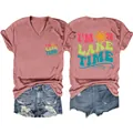Detailed front and back view of women's V-neck T-shirt with I'm On Lake Time print - Rose Gold