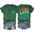 Women's casual green V-neck T-shirt featuring a 'I'm on Lake Time' sun graphic - Vintage Green