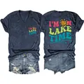 Front and back view of women's V-neck t-shirt and denim shorts set with lake time print - Navy Blue