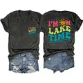 Front and back detail of grey V-neck T-shirt with 'I'm on Lake Time' colorful sun print - Marl Grey