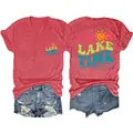 Women's red V-neck T-shirt with I'M ON LAKE TIME sun print and blue denim shorts - Red