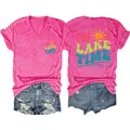 Front and back detail of pink V-neck T-shirt with I'm on lake time sun graphic print - Rose Red