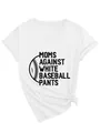 Detail view of white V-neck t-shirt with Moms Against White Baseball Pants graphic slogan - S / Tops / White (Black Print)
