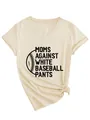 Detail view of Moms Against White Baseball Pants slogan on a beige V-neck T-shirt - S / Tops / Sand (Black Print)