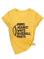 Stylish yellow V-neck T-shirt with Moms Against White Baseball Pants graphic print - S / Tops / Yellow (Black Print)