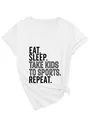 Vue détaillée d'un t-shirt blanc à col en V avec l'inscription 'Eat Sleep Take Kids to Sports' - S / Hauts / Blanc