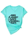 Detailed view of Moms Against White Baseball Pants print on turquoise V-neck T-shirt - S / Tops / Deep Water Blue (Black Print)