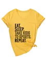 T-shirt jaune col V pour femme avec slogan 'Eat Sleep Take Kids to Sports Repeat' - S / Hauts / Jaune