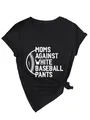Detail view of black V-neck T-shirt with 'Moms Against White Baseball Pants' print - Black (White Print)
