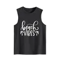 Macro detail of white beach vibes and palm tree print on dark grey cotton tank top - S / Tops / Dark Gray