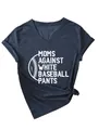 Close-up of navy V-neck T-shirt with 'Moms Against White Baseball Pants' print - Navy (White Print)