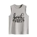 Detailed view of gray sleeveless tank top for women with beach vibes palm tree design - S / Tops / Light Gray