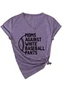 Detailed view of women's purple V-neck T-shirt with baseball graphic and text. - Purple (Black Print)