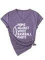 Close-up of 'Moms Against White Baseball Pants' print on purple V-neck T-shirt - Purple (White Print)