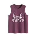 Detailed macro view of the white beach vibes print on a casual maroon tank top - S / Tops / Fuschia