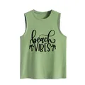 Detailed view of a green sleeveless tank top featuring beach vibes graphic print. - S / Tops / Olive Green