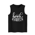 Detail view of the white beach vibes print and palm trees on a black sleeveless tank top - S / Tops / Black