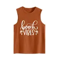 Close-up of summer sleeveless tank top with white beach vibes and palm tree print - S / Tops / Burnt Orange