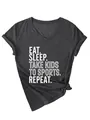 Détail du t-shirt à col en V pour femmes avec l'imprimé 'Eat Sleep Take Kids To Sports'. - S / Hauts / Gris Chiné Noir