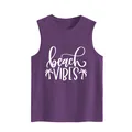 Detailed view of white beach vibes print on purple summer sleeveless tank top - S / Tops / Purple