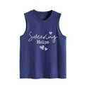 Close-up detail of navy blue tank top featuring Swearing Helps print with heart icons - Vintage Blue