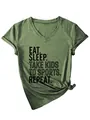 Vue détaillée d'un t-shirt vert à col en V avec impression Eat Sleep Take Kids to Sports - S / Hauts / Vert olive