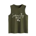 Detailed view of Swearing Helps print on a casual green sleeveless tank top for women - Army Green
