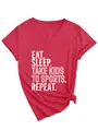 T-shirt rouge décontracté pour femmes à col en V avec impression 'Eat Sleep Take Kids'. - S / Hauts / Rouge