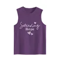Detail view of a purple sleeveless cotton tank top with Swearing Helps graphic print - Purple
