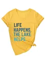 Detail van geel T-shirt met V-hals, 'Life happens'-print en geknoopte zoom - S / Tops / Geel