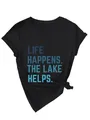 Gedetailleerd overzicht van zwart dames-T-shirt met V-hals en blauwe tekstprint - Zwart