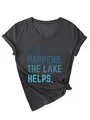 Detail van donkergrijs dames T-shirt met V-hals en tekst Life Happens The Lake Helps - Zwartgrijs Gemêleerd