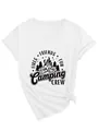 Detailed view of women's white V-neck T-shirt featuring a black Camping Crew graphic print - S / Tops / White
