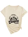 Detailed look at the fires friends fun camping crew graphic on women's V-neck tee - S / Tops / Sand