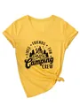Detailed view of yellow V-neck t-shirt with Fires Friends Fun Camping Crew print - S / Tops / Yellow