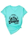 Detailed macro view of cyan women's V-neck T-shirt featuring black Camping Crew graphic print - S / Tops / Deep Water Blue