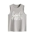 Casual gray sleeveless tank top for women featuring white beach vibes and palm tree print - S / Tops / Light Gray